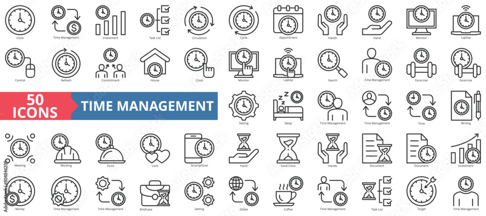 Time management icon collection set. Containing clock, sand, money ...