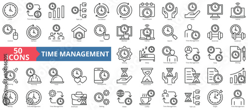 Time management icon collection set. Containing clock, sand, money, task list, target, hand, house icon. Simple line vector.