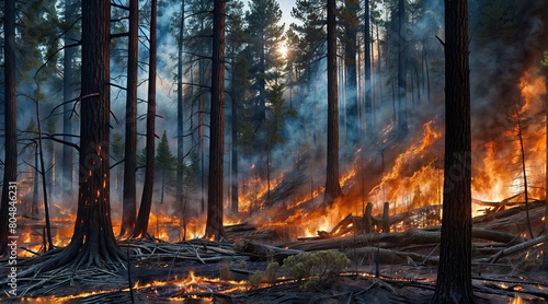 A dense forest with numerous trees ablaze in a raging fire, creating a scene of destruction and devastation