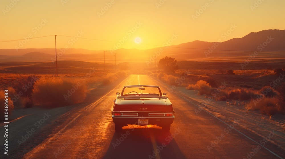 Fototapeta premium Classic Convertible Car Journey at Desert Sunset