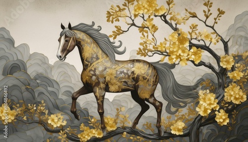 Background. Vintage illustration, horse, chinoiserie, golden brushstrokes. Textured background. Oil on canvas. Modern art. Wallpapers, posters, cards, murals, prints, wall art © Beste stock