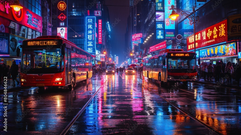 Rainy Night on a Bustling City Street