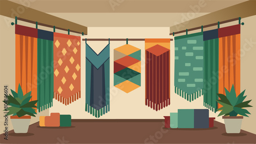 The walls of the hotel are adorned with handcrafted tapestries made from recycled fabrics adding a touch of warmth and texture to the space.. Vector illustration