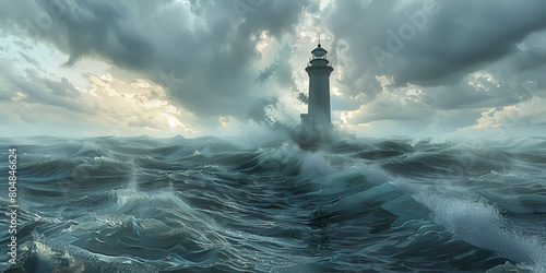 Stormy sea with stormy waves and lighthouse 3D rendering Lighthouse in a storm on the North Sea presented in 3D rendering AI Generated photo