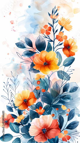 Watercolor painting of colorful flowers blooming in a beautiful summer garden.