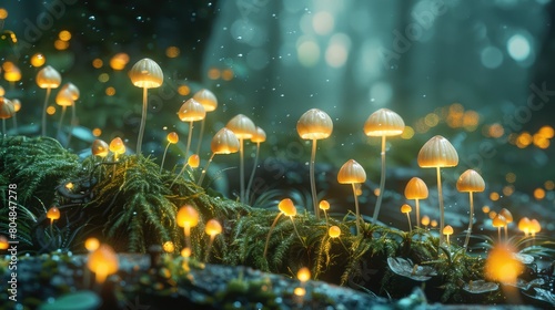 white polystyrene packaging, all over the forest floor with nodding head moss poking through, the spore heads are neon yellow colour, photorealistic photo