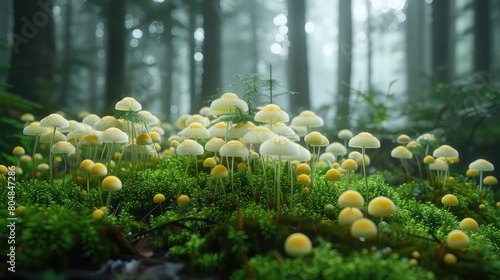 white polystyrene packaging all over the forest floor with nodding head moss poking through the spore heads are neon yellow colour, photo