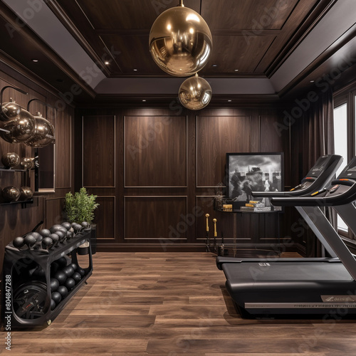 A chic home gym equipped with state-of-the-art exercise equipment set against dark wood paneling walls accented by motivational quotes in golden frames.
