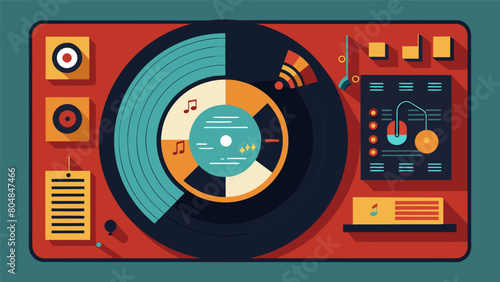 A vinyl record with a builtin digital display that shows the lyrics and artwork for each song as it plays. Vector illustration