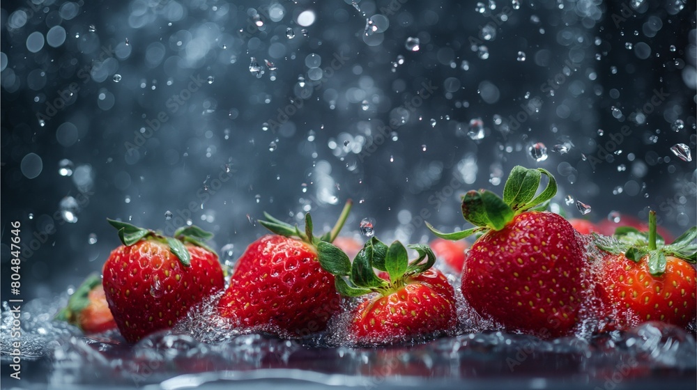 A photo of strawberries being washed under water, with droplets flying in the air and splashes around them. The background is a dark blue gray,Generative AI illustration. A photo of strawberries being washed under water, with droplets flying in the air and splashes around them. The background is a dark blue gray,Generative AI illustration.