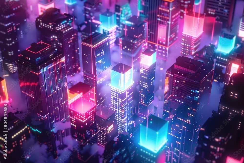 3D illustration of a city with skyscrapers and neon lights 3D illustration of a city with skyscrapers and neon lights