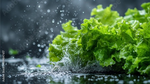 close up photo of lettuce being washed with water, dark grey background, water splashes around the salad leaves, studio lighting,Generative AI illustration.