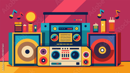 The walls are lined with vintage boomboxes playing everything from oldschool hiphop to electronic dance music. Vector illustration