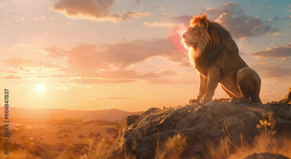 Lion sitting on a desert rock with the sunset behind Lion sitting on a desert rock with the sunset behind