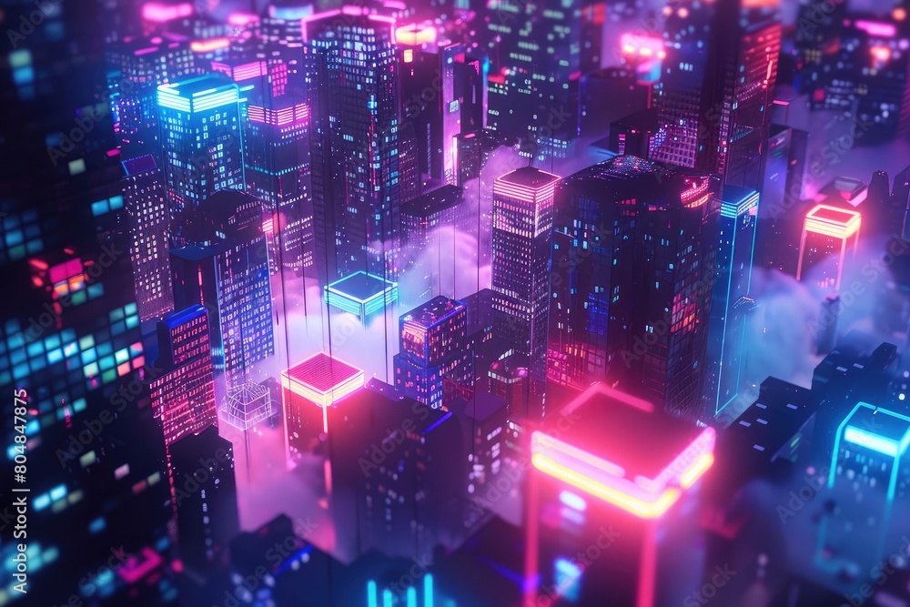 3D illustration of a city with skyscrapers and neon lights