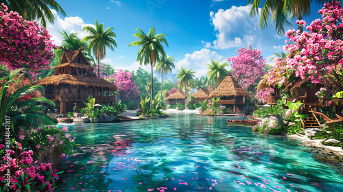 Traditional Polynesian Village Over Water, Exotic Bungalows Amidst Lush Tropical Setting photo