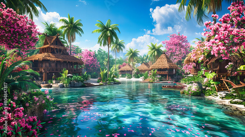 Traditional Polynesian Village Over Water, Exotic Bungalows Amidst Lush Tropical Setting