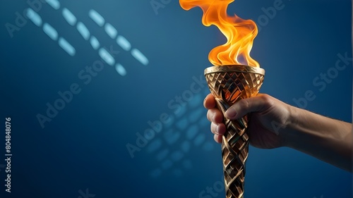 a torch in hand, an abstract ornamental image in the polygonal style, and a hand holding the Olympic flame on a blue background—a representation of international sporting events and competitions photo