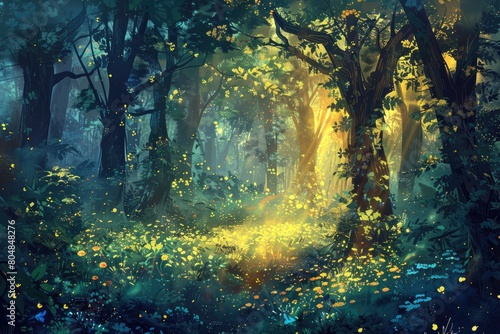 Fantasy forest. Fantasy forest with magic light. © MrHamster