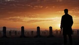The stark silhouette of a lone figure against the backdrop of a blazing sunset ai_generated