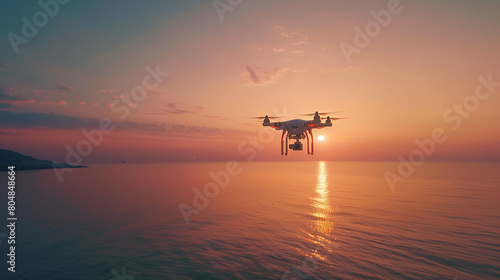 Drone in calm sky with camera  sea sunset background  Ai generated Images