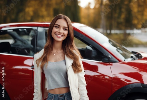 'view side girl camera beautiful looking holding smiling young gorgeous woman auto new keys red happy car female client dealership buying automobile key transport driver'
