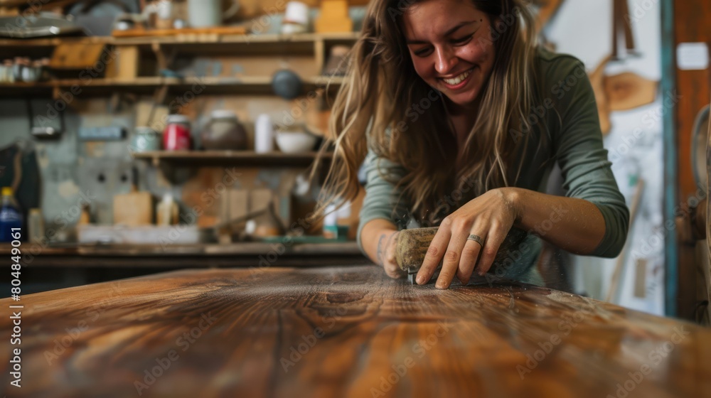 Smiling young woman polishing an old wooden table The world of home additions DIY transformation of furniture renovation Smiling young woman polishing an old wooden table The world of home additions DIY transformation of furniture renovation