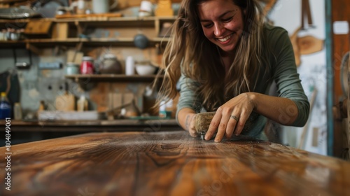 Smiling young woman polishing an old wooden table The world of home additions DIY transformation of furniture renovation