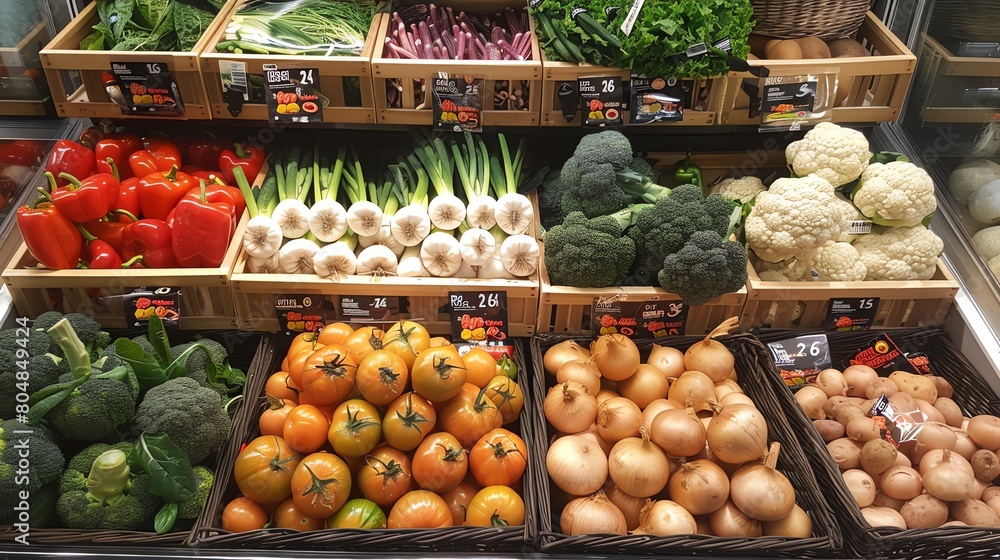 Various vegetables on supermarket shelves