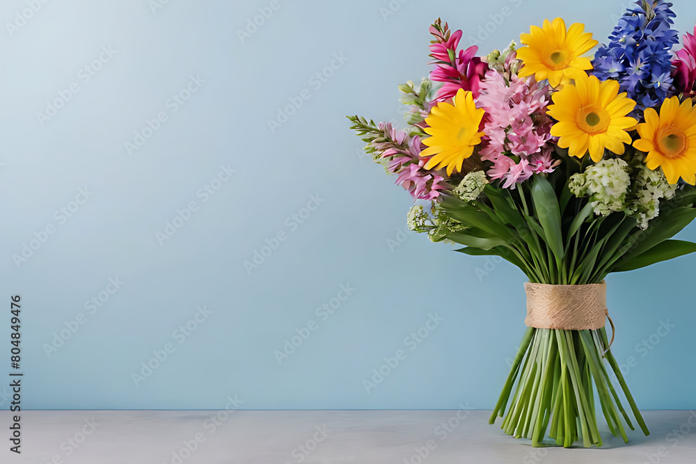 Bouquet of flower in copy-space background concept, big blank space. Sunlit Garden Magic