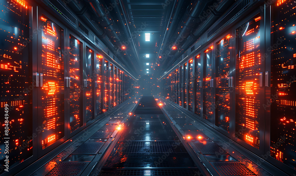 Storage servers glowing with data, nestled in a futuristic facility