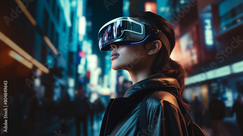 Women wearing augmented reality glasses standing in night street, photo shot