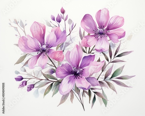 Elegant watercolor of pink and purple flowers, closeup view for a lovely and tranquil wall decor, showcasing nature s spring beauty ,  high resolution © Amina