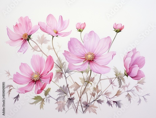 Soft and peaceful watercolor depicting a charming floral scene with slender pink petals, ideal for tranquil and stylish home decor , fresh and clean look