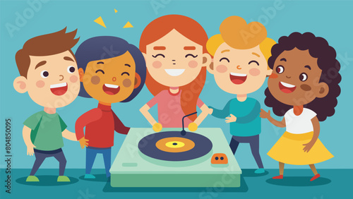 With wide grins on their faces a group of kids gather around the turntable taking turns spinning the record and laughing as they watch the needle Vector illustration photo