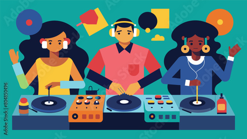 The DJs show off their turntable tricks impressing the crowd with their ability to create new sounds from familiar records. Vector illustration