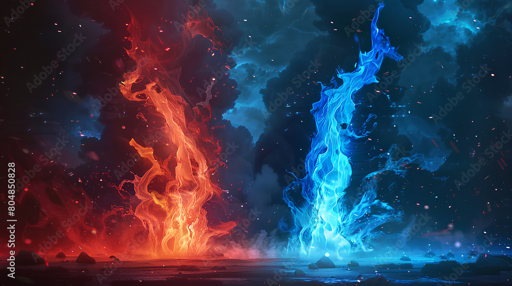 Fototapeta premium red fire and blue fire vector with cartoon style