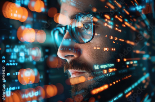 A portrait of an IT professional with glasses  sitting in front of his computer screen surrounded by code and digital data.