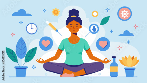 A workout routine that incorporates selfcare practices such as meditation and gentle stretching to promote a healthy mind and body.. Vector illustration