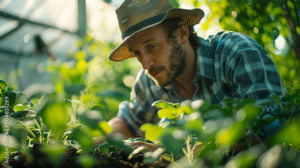 A young farmer wearing a hat is working in a lush, green field. He is kneeling down and inspecting the soil while the sun shines brightly overhead. A young farmer wearing a hat is working in a lush, green field. He is kneeling down and inspecting the soil while the sun shines brightly overhead.