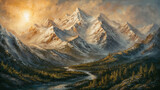 Serene and awe-inspiring oil painting like art depicting a majestic mountain valley landscape with towering snow-capped peaks. The golden morning sun casts a warm, radiant glow on the scene.