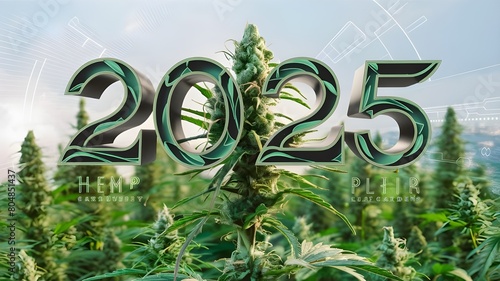 2025 text written on the hemp plant garden background.