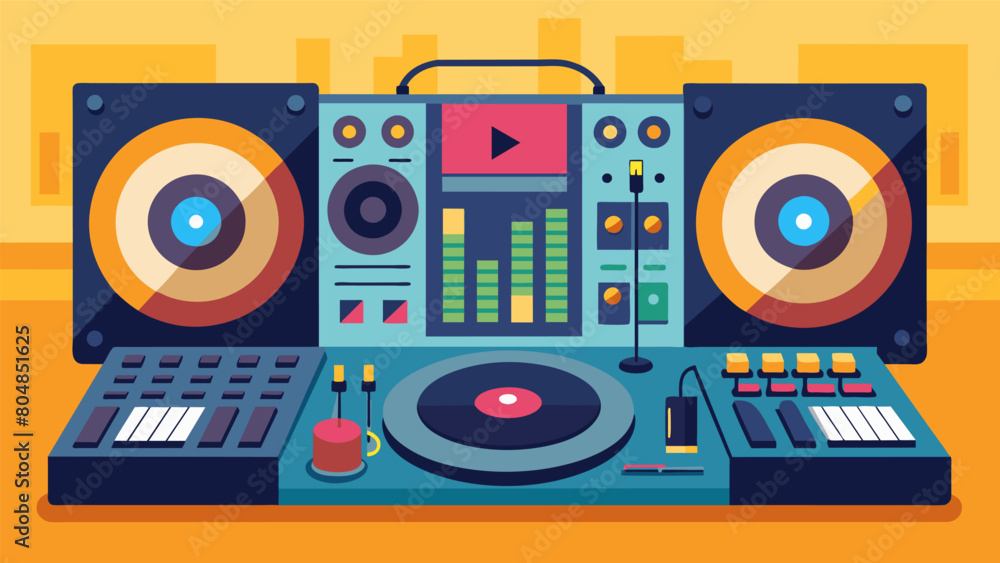 Fototapeta premium The DJ booth is equipped with a combination of modern and vintage audio equipment allowing for a seamless mix of old and new sounds. Vector illustration