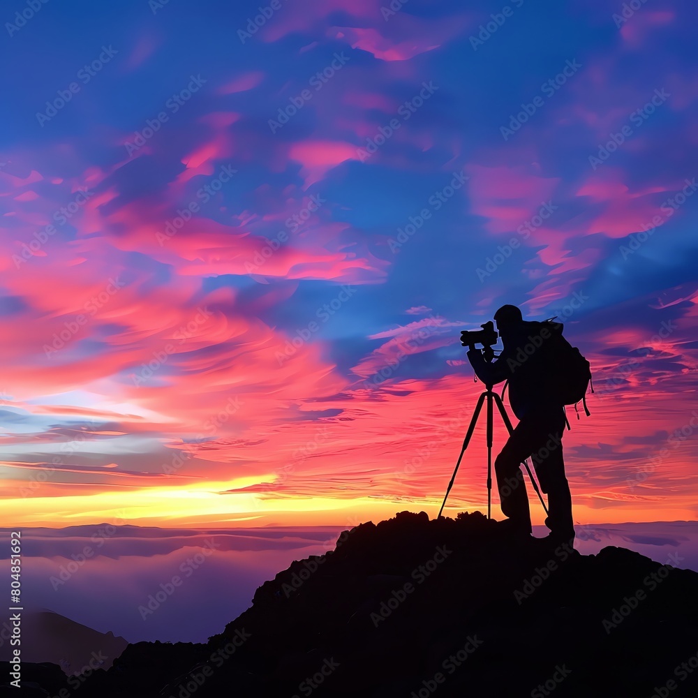 A photographer stands on a mountaintop, capturing the beauty of a vibrant sunset