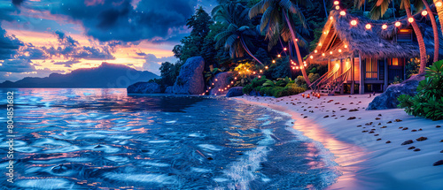 Tropical Beach at Twilight with Palm Silhouettes  Exotic Vacation Spot  Romantic Evening Atmosphere