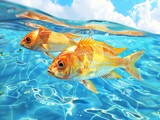 Two goldfish are swimming in a blue ocean.