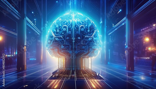 A global cybernetic mind controls humanity. A supercomputer with artificial intelligence in the spotlight. A digital brain with AI in the spotlight. A science futuristic concept with artificial photo