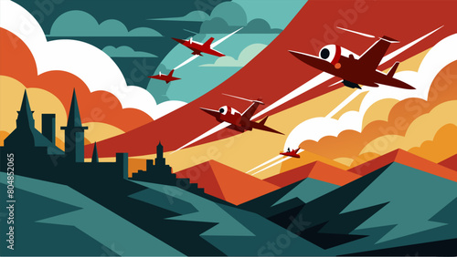 Against a backdrop of rolling hills a squadron of war planes roars past a symbol of strength and unity in the face of adversity.. Vector illustration photo