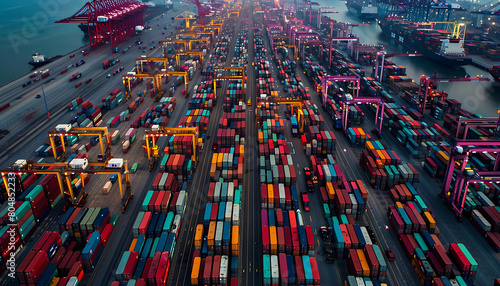 Crowded container terminal at a bustling port.