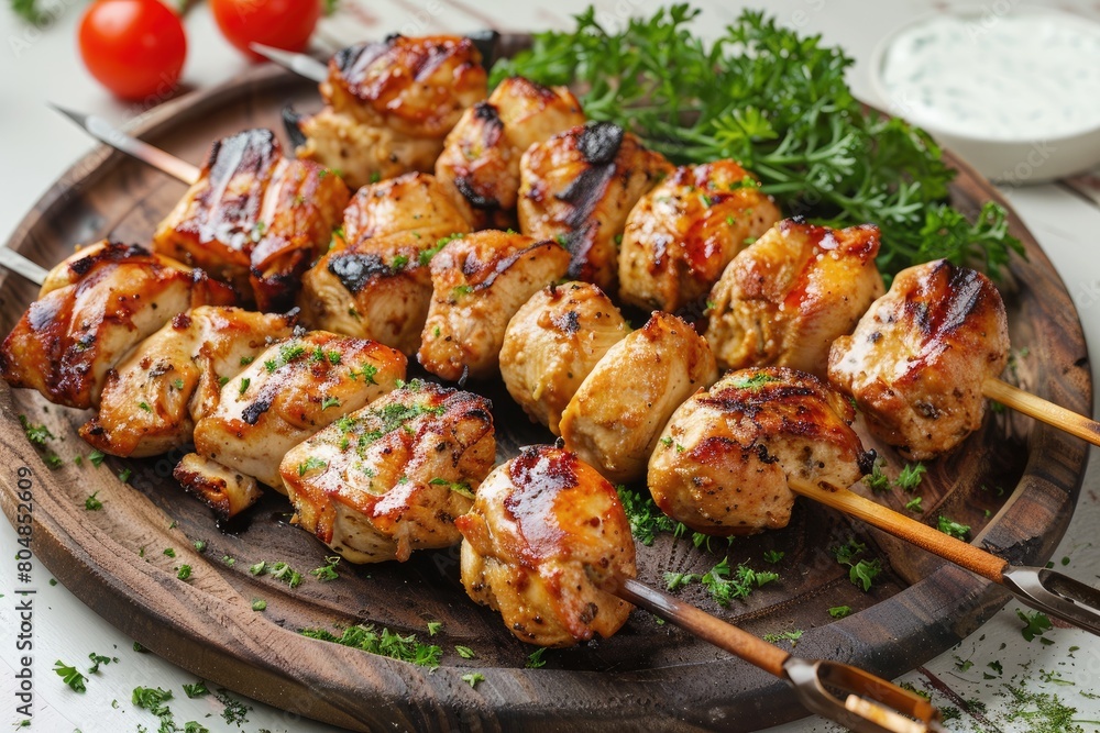 Juicy grilled chicken skewers served on a dark plate, garnished with fresh herbs and lime wedges, perfect for a savory meal.